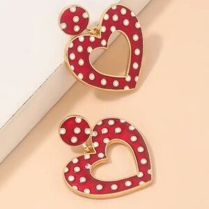 Red with White Polka Dots Heart Dangle Stud Earrings